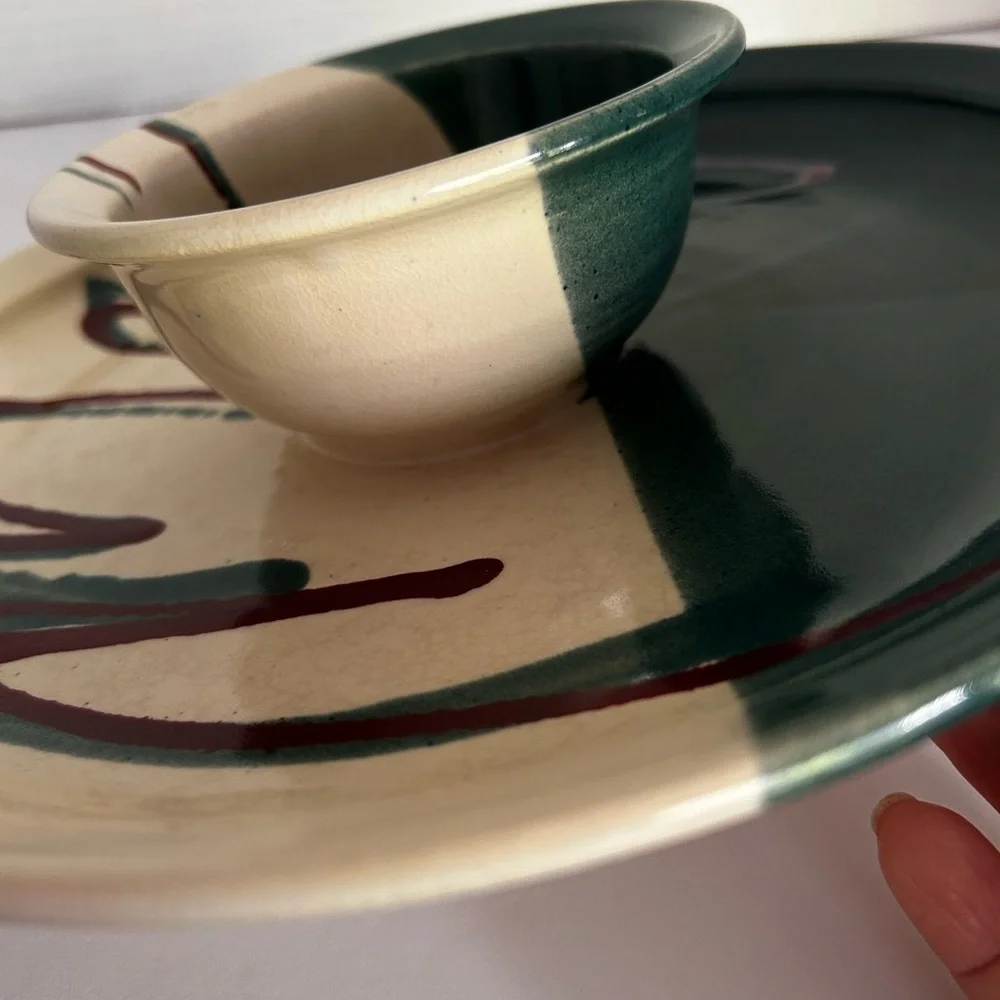Chips and Salsa ArtisanStudio Pottery Serving Dish Jade Green Cream and Burgundy